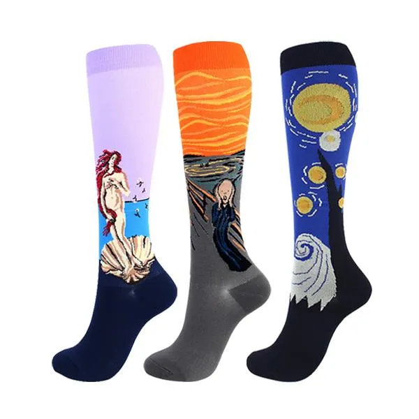 3 Pairs Artwork Painting Socks 20-30 mmHg Compression Stockings