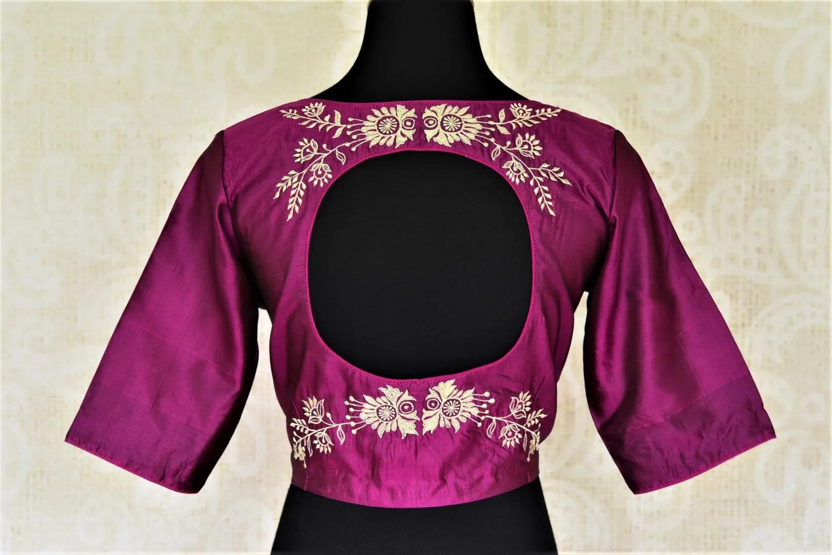 404271 Magenta Embroidered Silk Sari Blouse with Cut Out Back