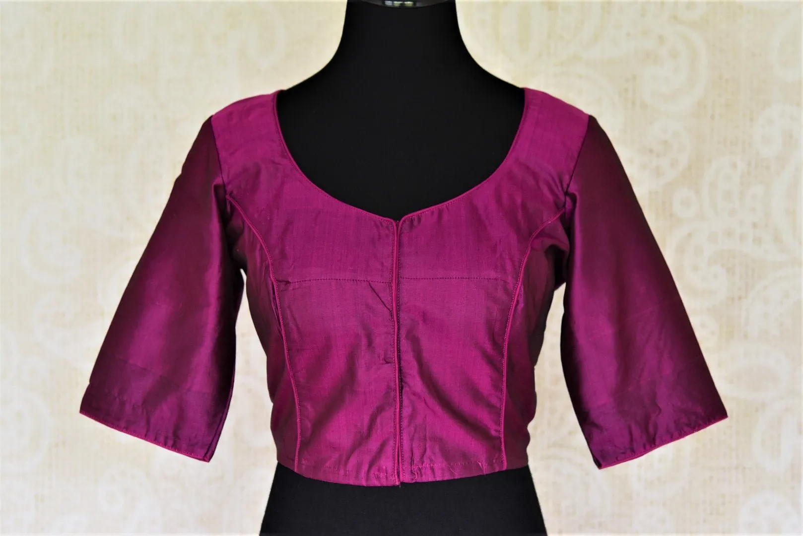 404271 Magenta Embroidered Silk Sari Blouse with Cut Out Back