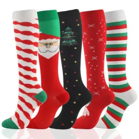 5 Pairs Knee-High Compression Socks Christmas Tree Santa Claus Deer Pattern Sports Stockings
