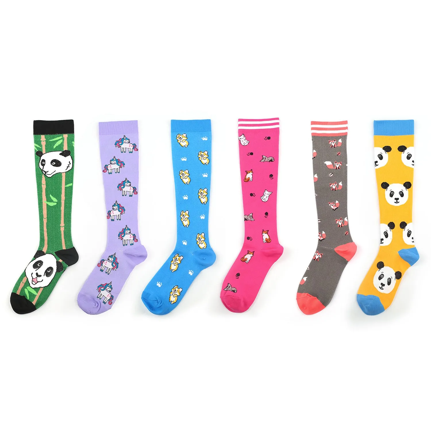 6 Pairs Knee-High Compression Socks Animal Cartoon Pattern Sports Stockings