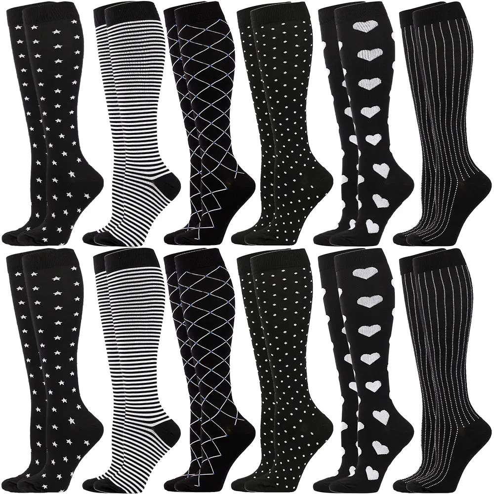 6 Pairs Knee High Sport Compression Socks Nursing Athletic Travel Flight Socks for Men and Women EU 35-38