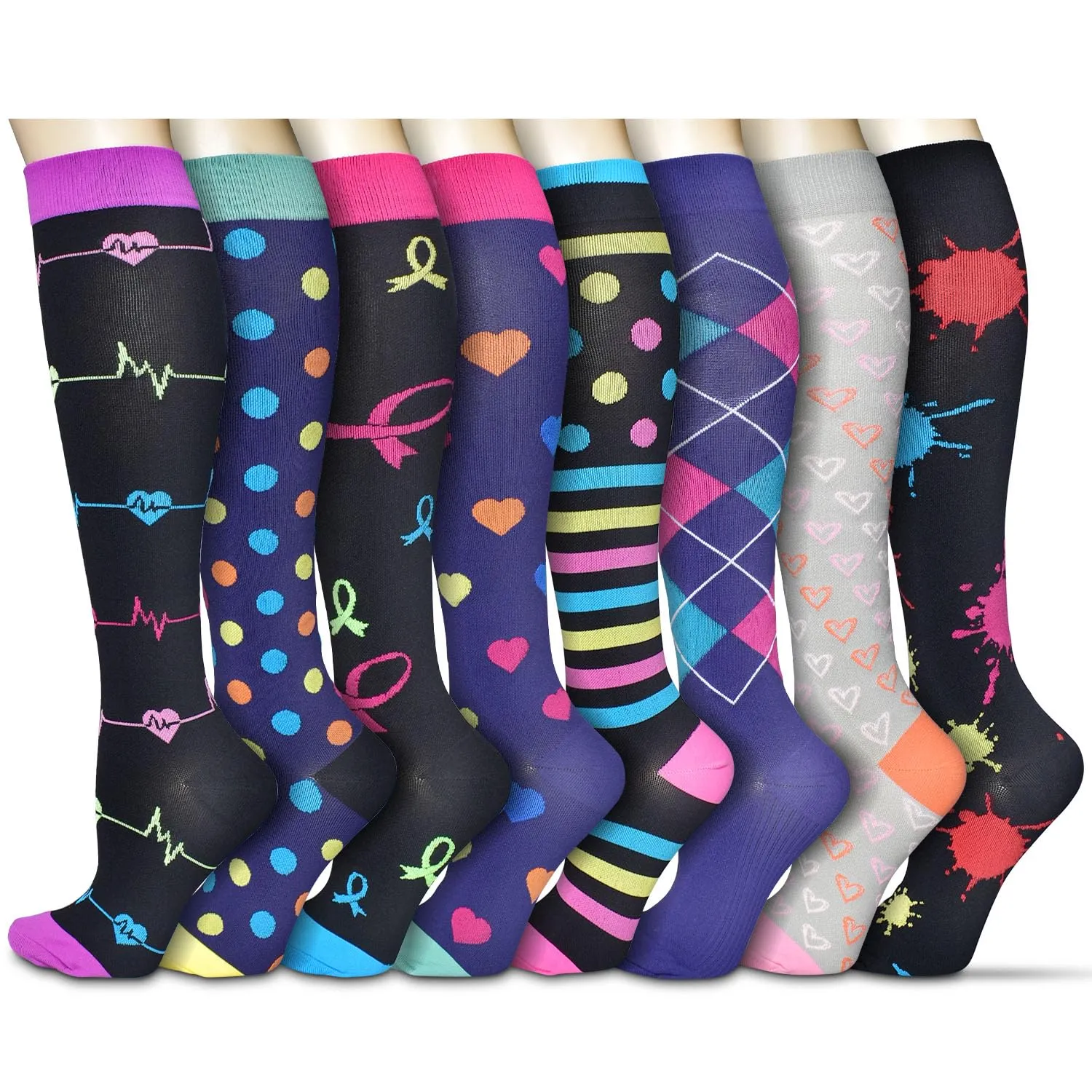 8 pairs of compression stockings for men and women (15-20 mmHg), compression socks, support stockings for nurses, sports, flight, travel, running, athletics, pregnancy, medical, blood circulation S-M Assorted 1 (8 pairs)