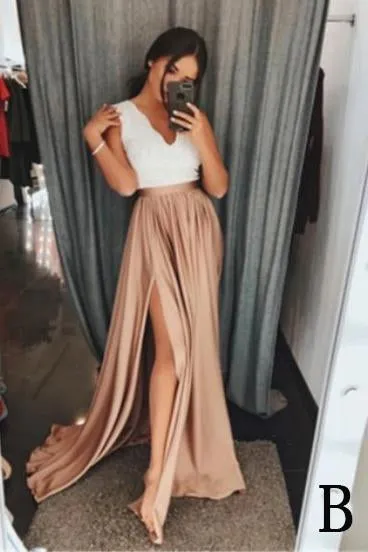 A-Line V-Neck Elastic Satin Long Split Prom Dress with Lace Top PFP0220