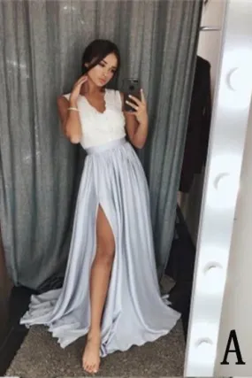 A-Line V-Neck Elastic Satin Long Split Prom Dress with Lace Top PFP0220