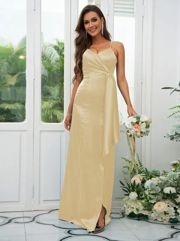 A-Line/Princess Elastic Woven Satin Ruched Spaghetti Straps Sleeveless Floor-Length Bridesmaid Dresses
