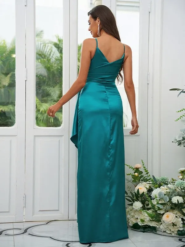 A-Line/Princess Elastic Woven Satin Ruched Spaghetti Straps Sleeveless Floor-Length Bridesmaid Dresses