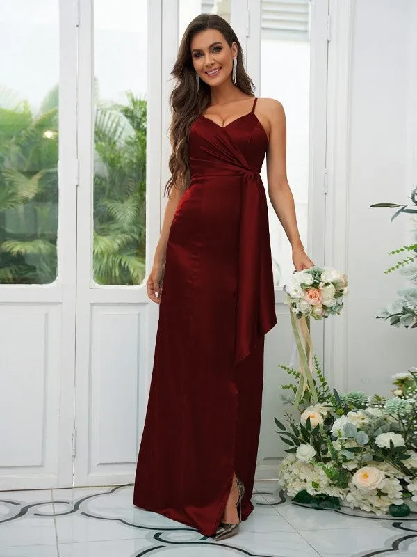 A-Line/Princess Elastic Woven Satin Ruched Spaghetti Straps Sleeveless Floor-Length Bridesmaid Dresses