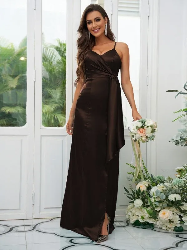A-Line/Princess Elastic Woven Satin Ruched Spaghetti Straps Sleeveless Floor-Length Bridesmaid Dresses