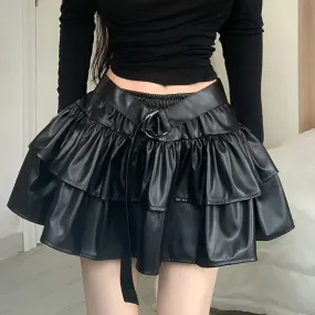 Black Gothic Punk PU Leather Layered Ruffle Mini Skirt