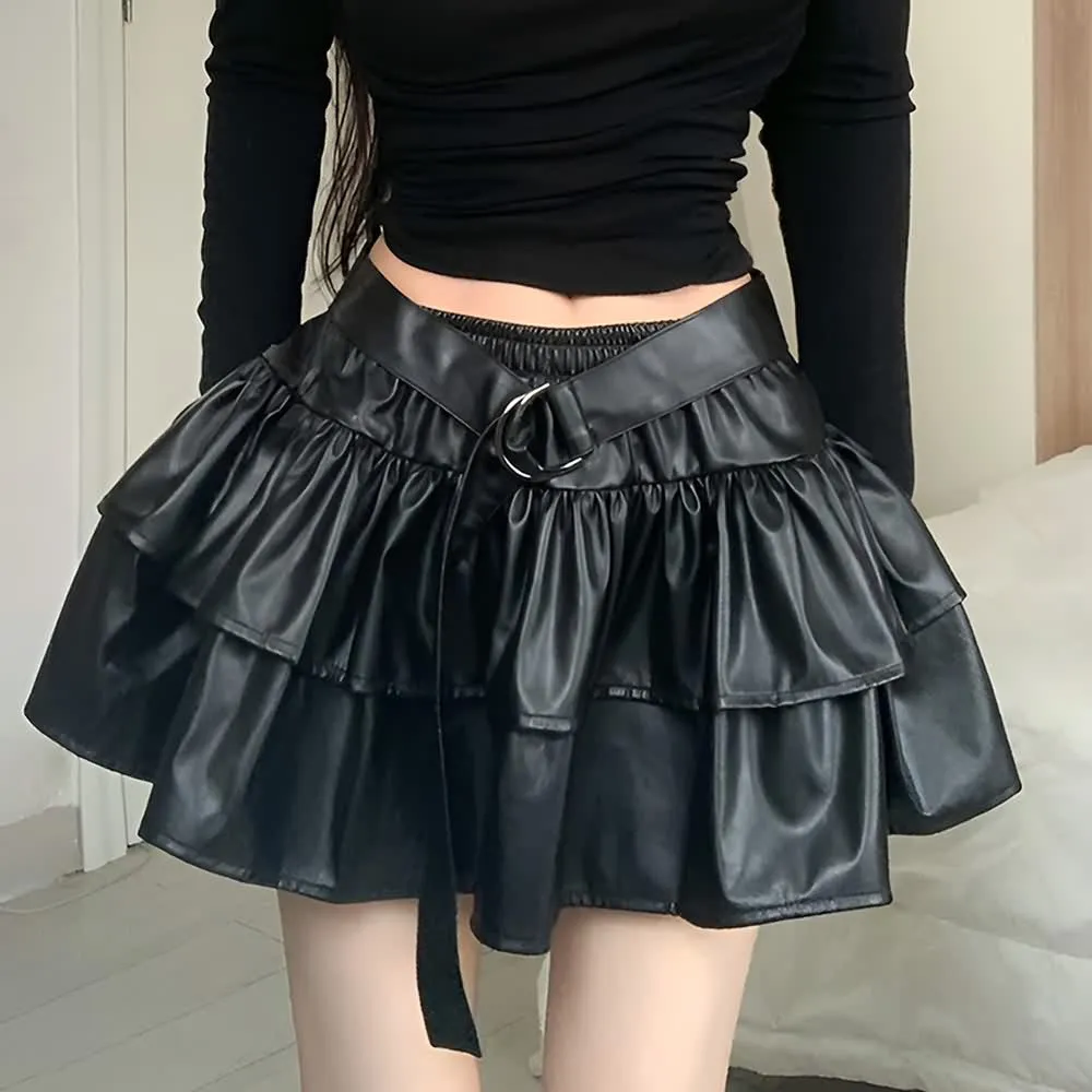 Black Gothic Punk PU Leather Layered Ruffle Mini Skirt