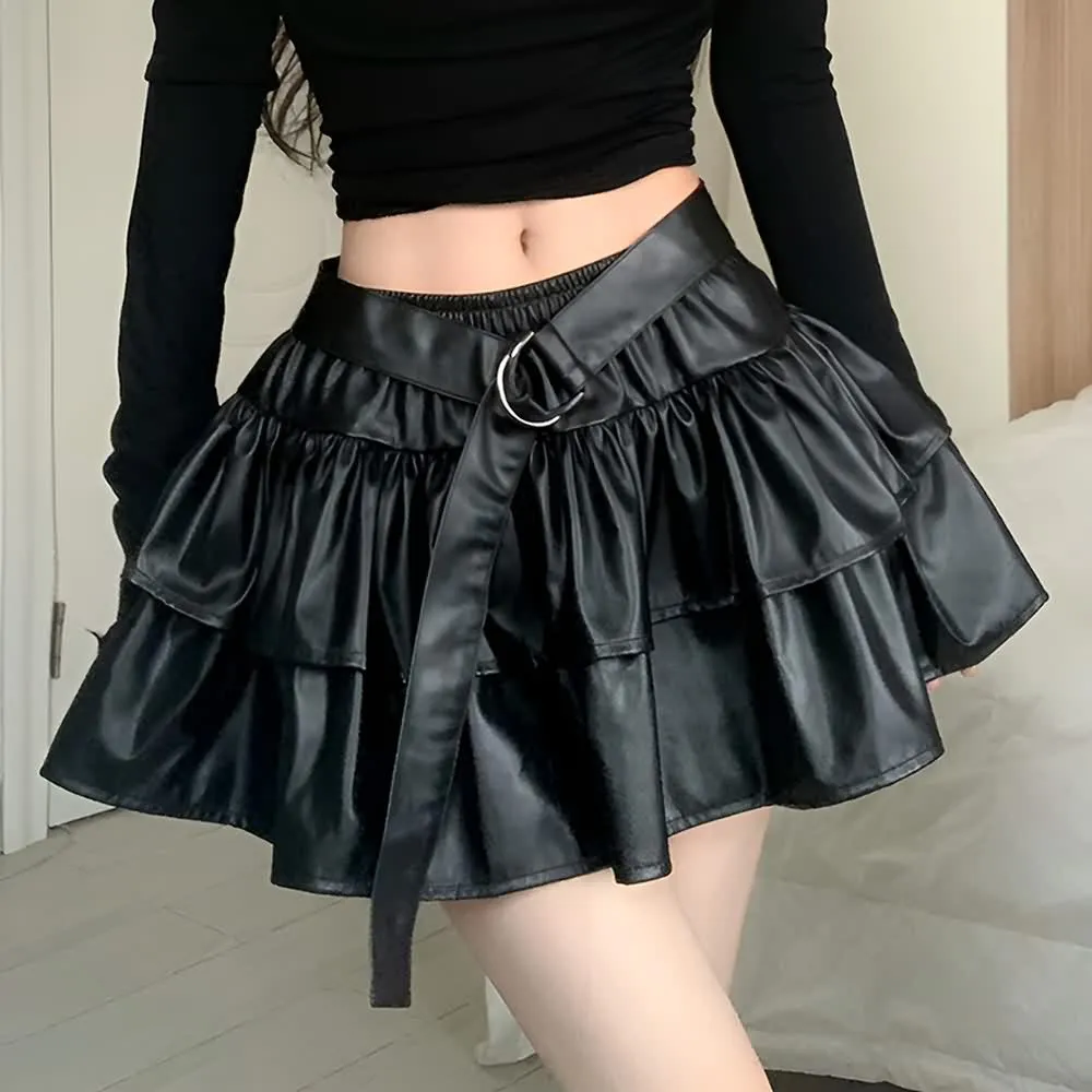 Black Gothic Punk PU Leather Layered Ruffle Mini Skirt