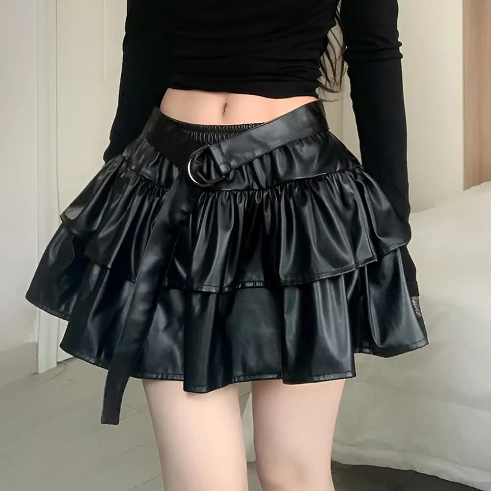 Black Gothic Punk PU Leather Layered Ruffle Mini Skirt