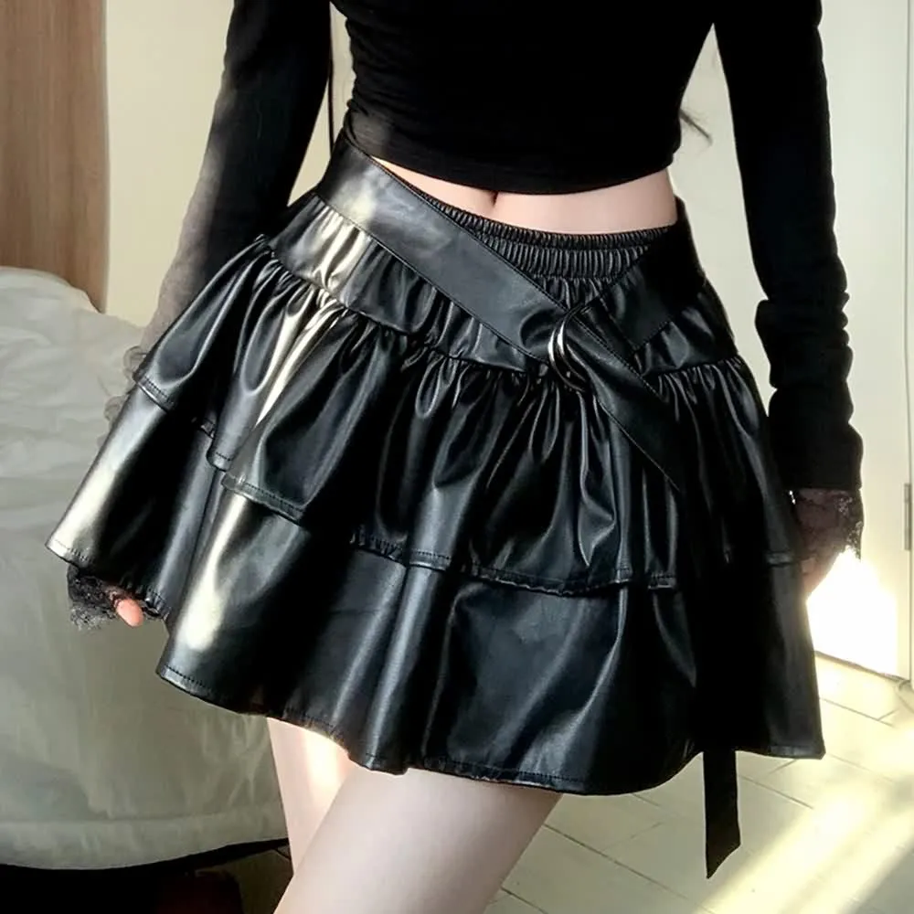 Black Gothic Punk PU Leather Layered Ruffle Mini Skirt