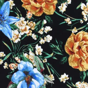 Black-Sky Blue-Multi Floral Printed Rayon Stretch Jersey Knit Fabric