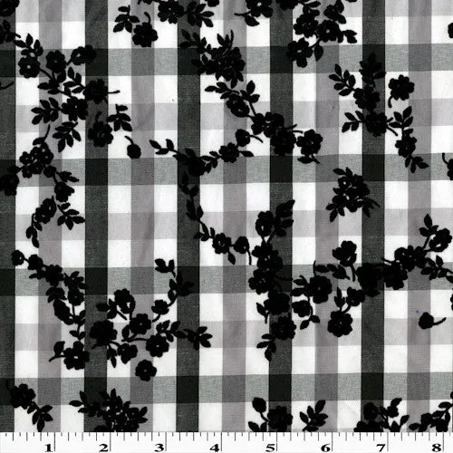 Black/Multi Velvet Flocked Floral Printed Gingham Shirting Fabric