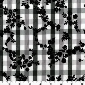 Black/Multi Velvet Flocked Floral Printed Gingham Shirting Fabric