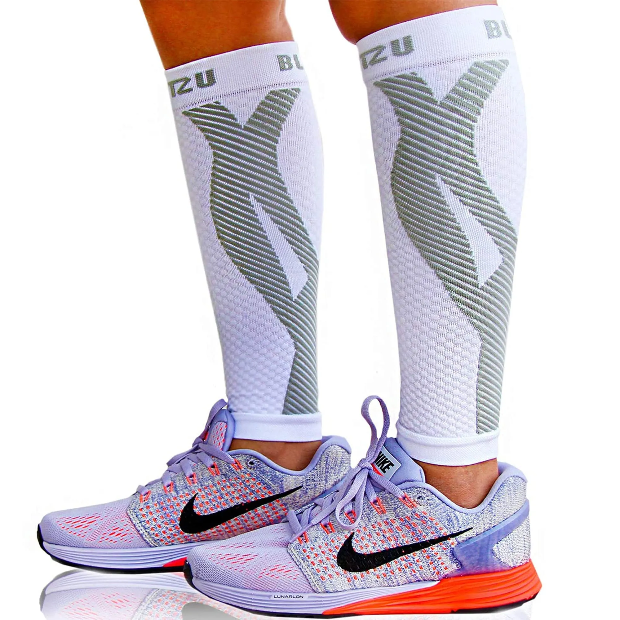 BLITZU 3 Pairs Calf Compression Sleeves for Women and Men Size L-XL, One Black, One White, One Grey