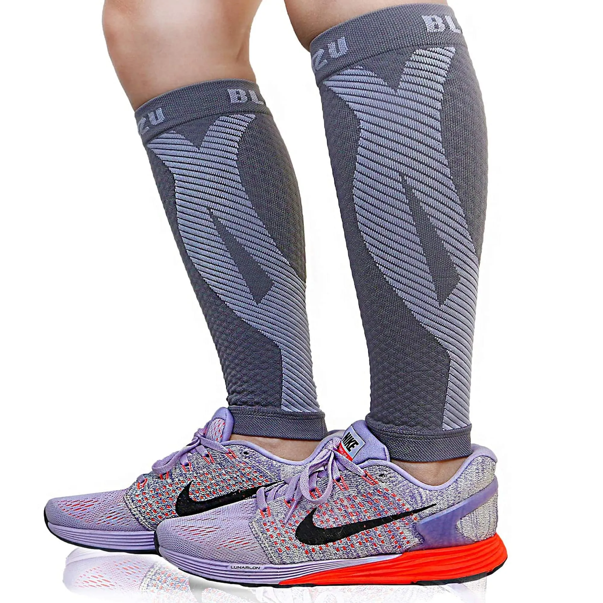 BLITZU 3 Pairs Calf Compression Sleeves for Women and Men Size L-XL, One Black, One White, One Grey