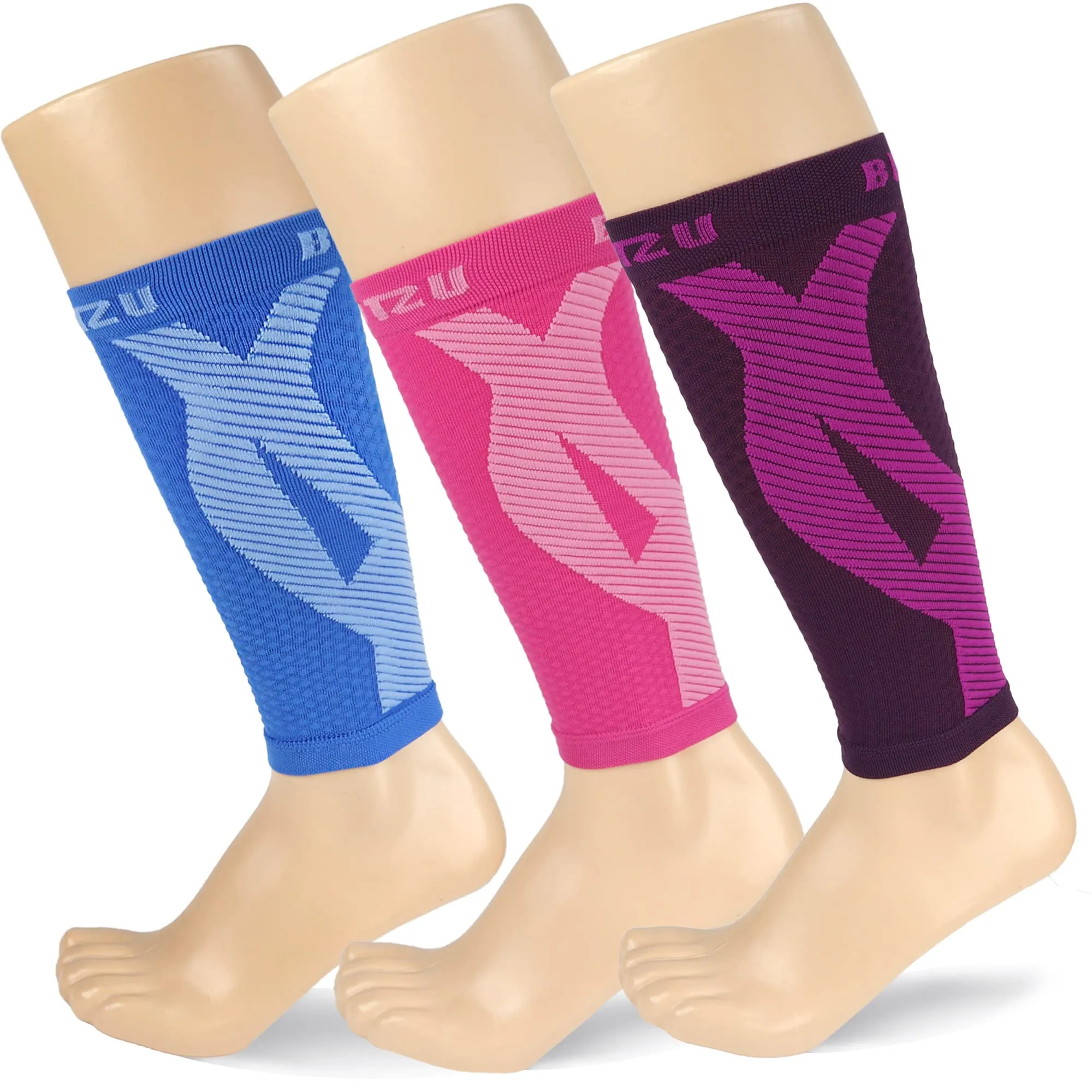 BLITZU 3 Pairs Calf Compression Sleeves for Women and Men Size XXL, One Blue, One Pink, One Purple Calf Sleeve, Leg Compression Sleeve for Calf Pain and Shin Splints. Footless Compression Socks.