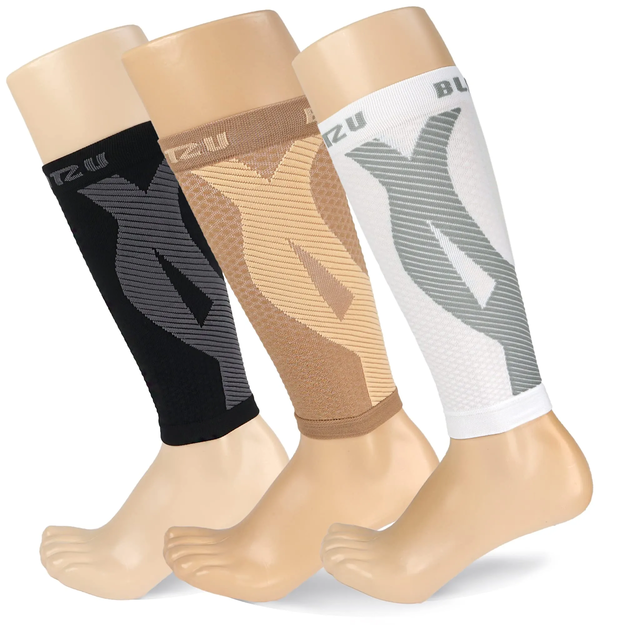 BLITZU 3 Pairs Calf Compression Sleeves for Women and Men Size XXL, One Nude, One Black, One White Calf Sleeve, Leg Compression Sleeve for Calf Pain and Shin Splints. Footless Compression Socks.