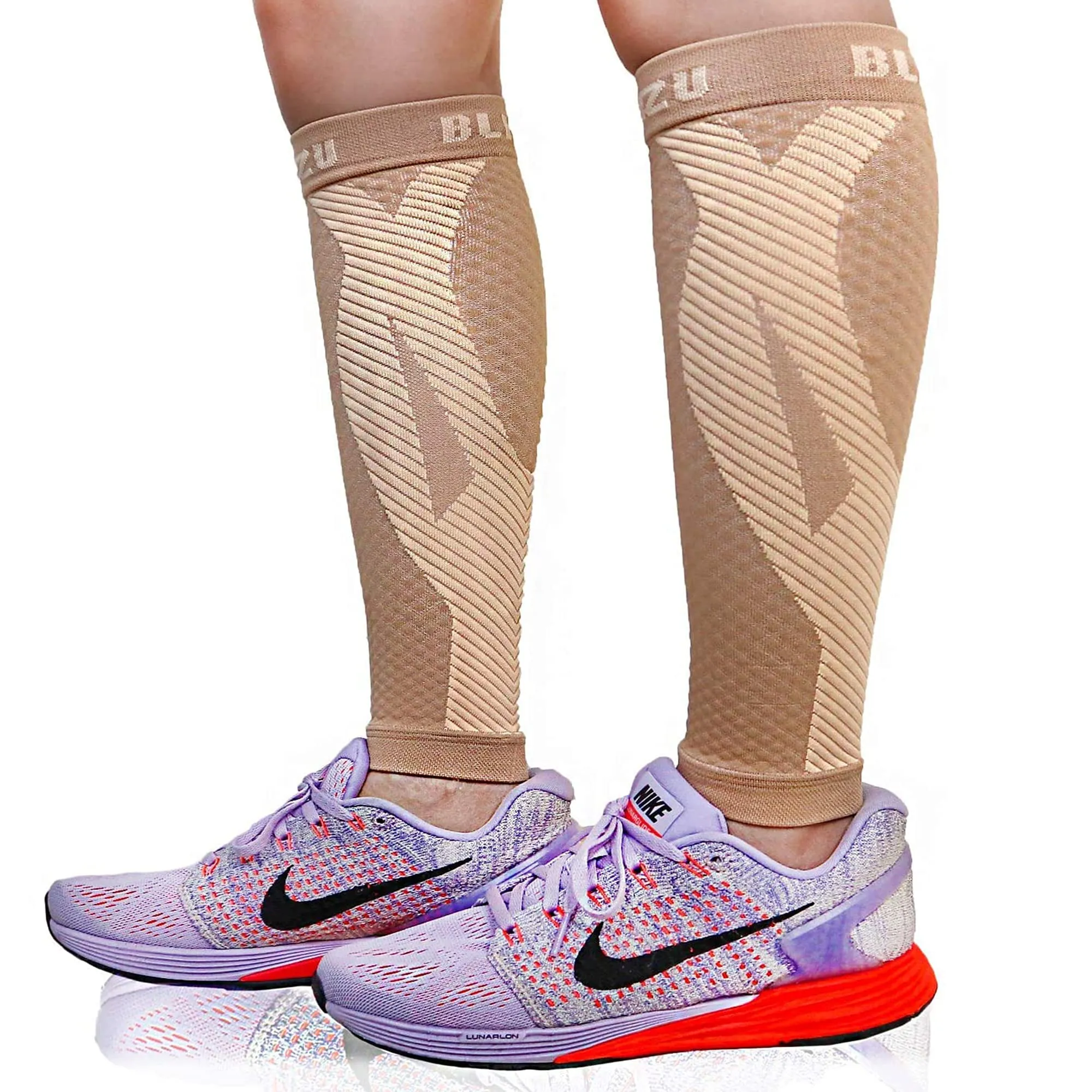 BLITZU 3 Pairs Calf Compression Sleeves for Women and Men Size XXL, One Nude, One Black, One White Calf Sleeve, Leg Compression Sleeve for Calf Pain and Shin Splints. Footless Compression Socks.