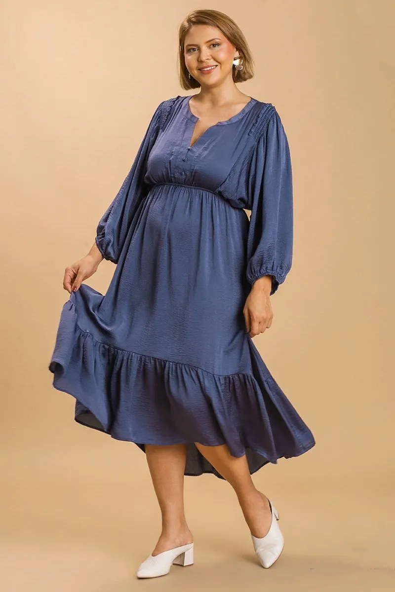 Blue Satin Hi Lo Ruffle Dress