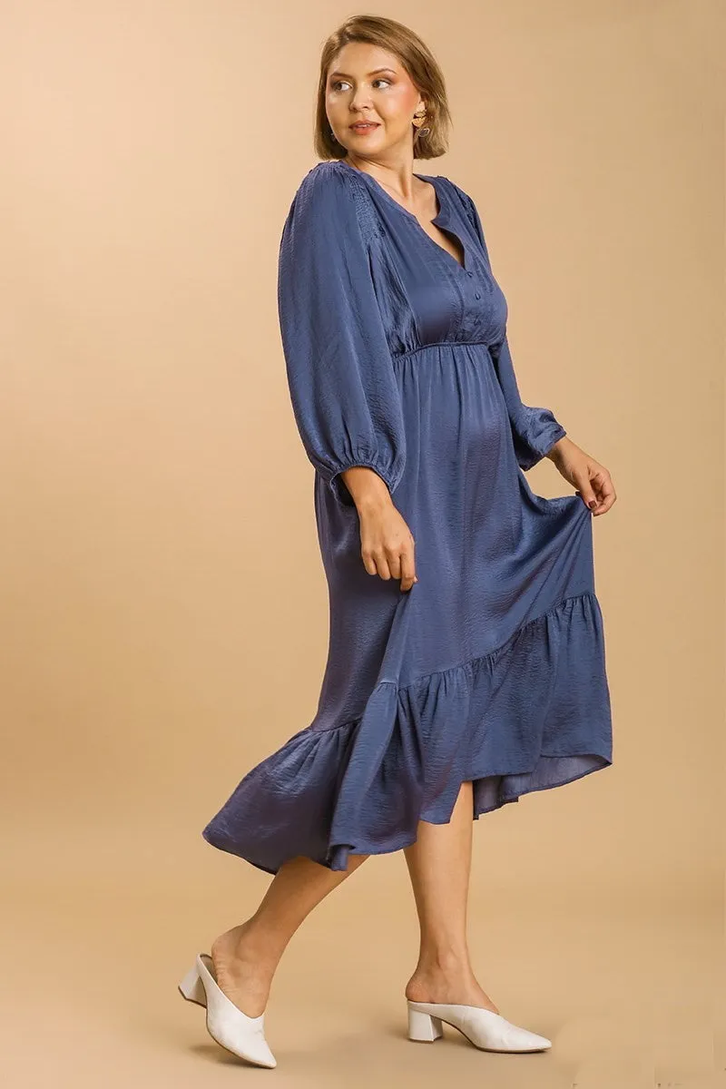 Blue Satin Hi Lo Ruffle Dress