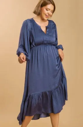 Blue Satin Hi Lo Ruffle Dress