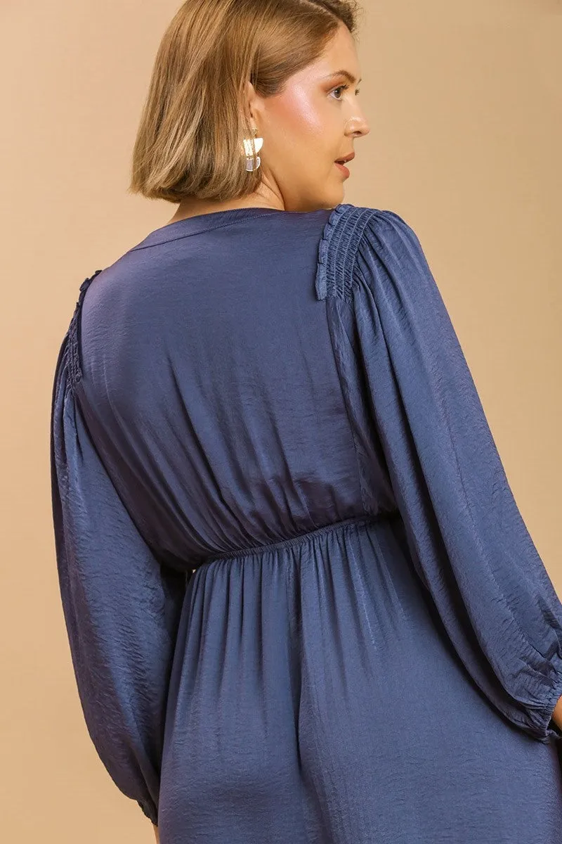 Blue Satin Hi Lo Ruffle Dress