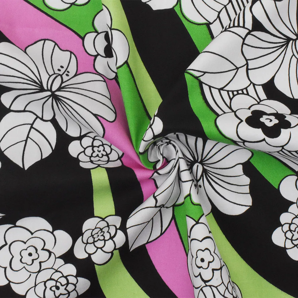 Brown-Green-Multi Floral Printed Stretch Cotton Spandex Poplin Woven Fabric
