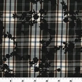 Brown/Multi Velvet Flocked Floral Printed Plaid Shirting Fabric