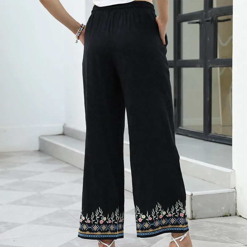 Buddha Stones Black Spring Embroidery Flower Pattern Cotton Linen Drawstring Women's Pants With Pockets