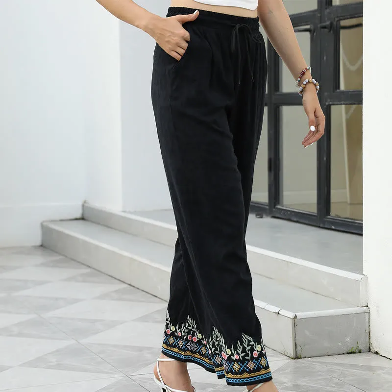 Buddha Stones Black Spring Embroidery Flower Pattern Cotton Linen Drawstring Women's Pants With Pockets