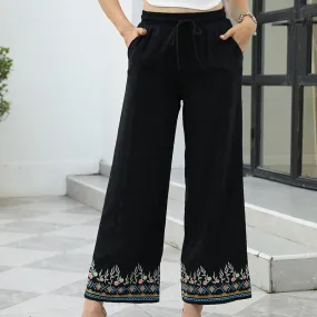 Buddha Stones Black Spring Embroidery Flower Pattern Cotton Linen Drawstring Women's Pants With Pockets