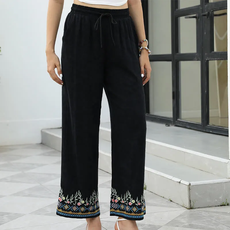 Buddha Stones Black Spring Embroidery Flower Pattern Cotton Linen Drawstring Women's Pants With Pockets