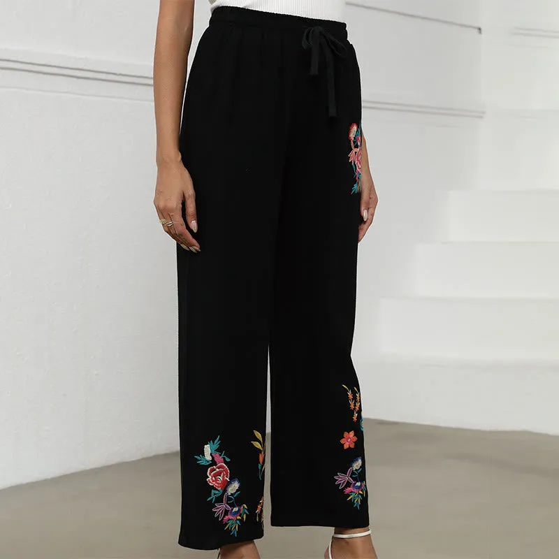 Buddha Stones Black Summer Plain Ethnic Embroidery Cotton Linen Drawstring Women's Pants With Pockets