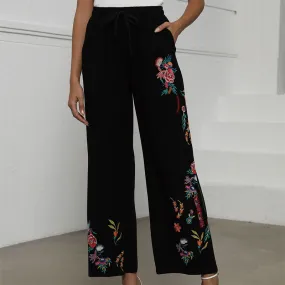 Buddha Stones Black Summer Plain Ethnic Embroidery Cotton Linen Drawstring Women's Pants With Pockets