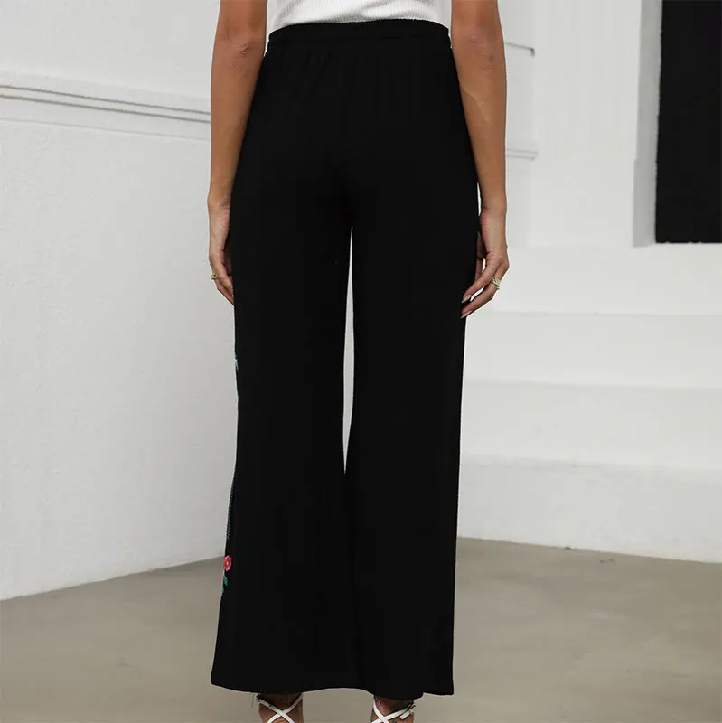 Buddha Stones Black Summer Plain Ethnic Embroidery Cotton Linen Drawstring Women's Pants With Pockets