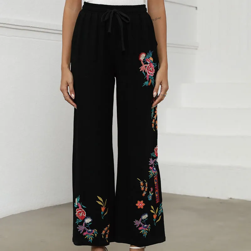 Buddha Stones Black Summer Plain Ethnic Embroidery Cotton Linen Drawstring Women's Pants With Pockets