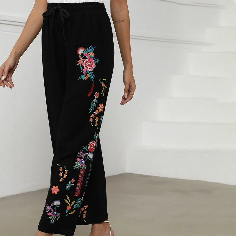 Buddha Stones Black Summer Plain Ethnic Embroidery Cotton Linen Drawstring Women's Pants With Pockets