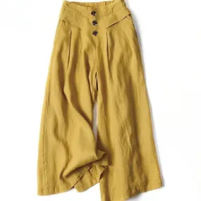 Buddha Stones Retro Casual High Waist Cotton Linen Women's Wide Leg Pants With Pockets