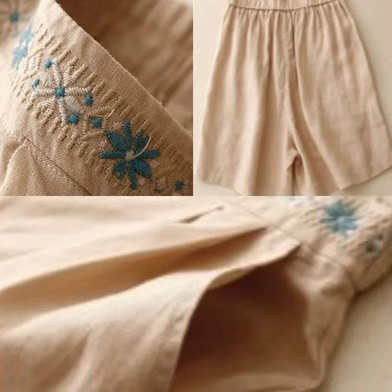Buddha Stones Summer Casual Embroidery Flower Pleated Zipper Button Cotton Linen Women's Shorts With Pockets