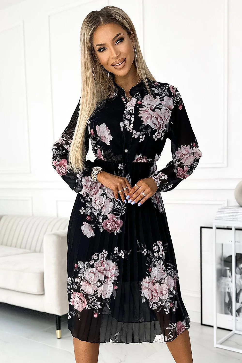 Chic Pleated Midi Dress with Orange Rose Print by Numoco
