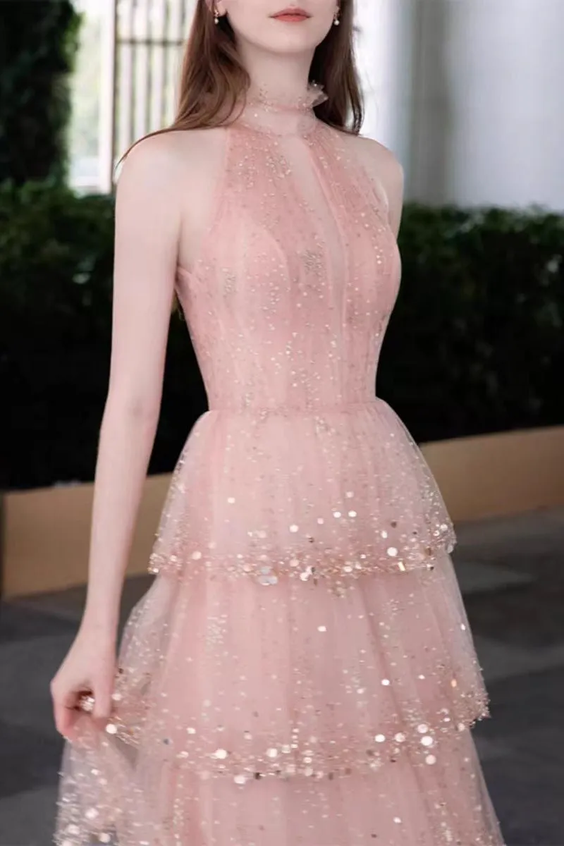 Coral High Neck Sequin Tulle Cake Dresses, Luxury Bridesmaid Dresses, Wedding Guest Dresses, Newest Prom Dresses, Evening Dresses