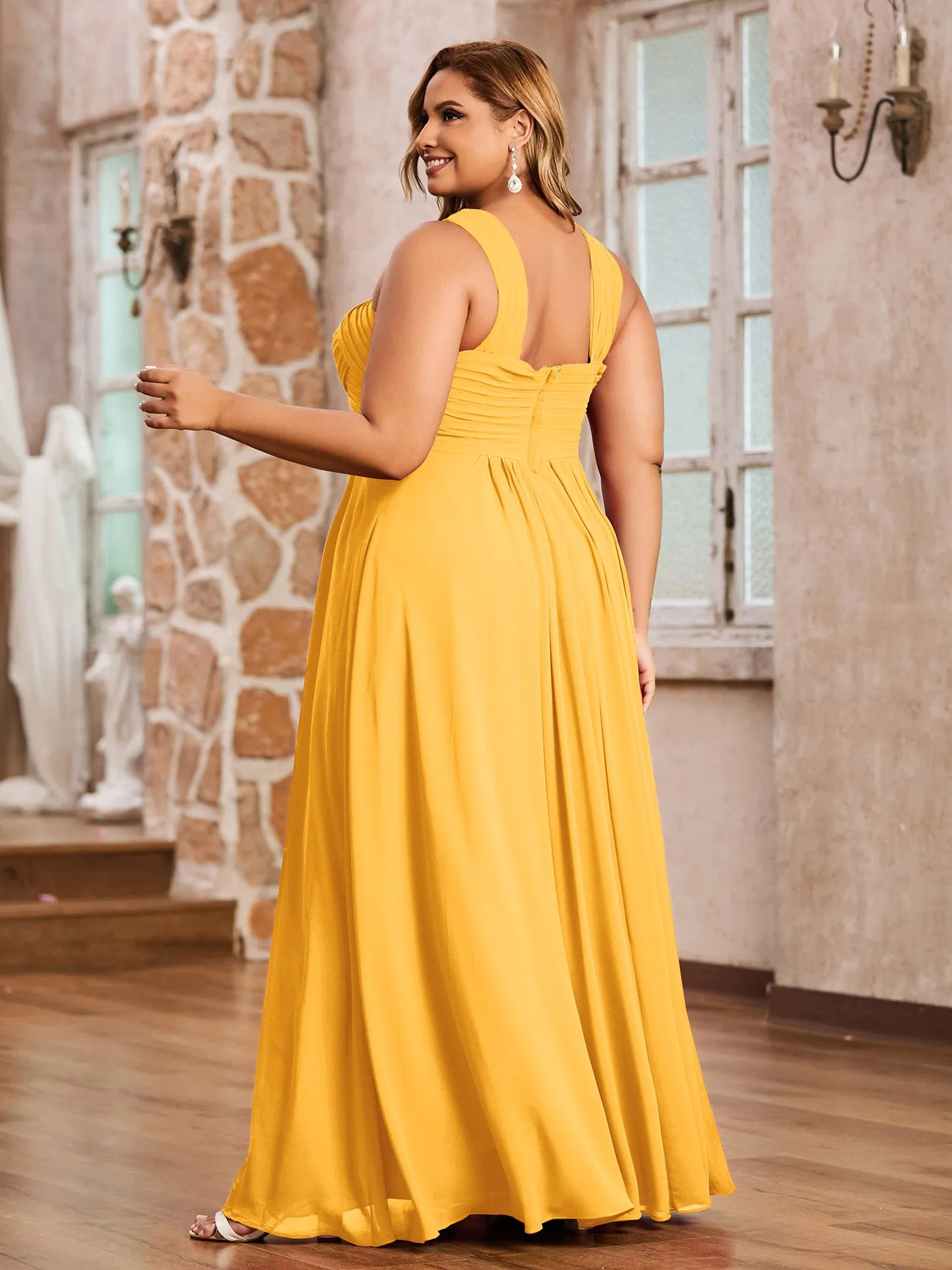 Cross Shoulder Strap Chiffon Dress with Empire Waist Tangerine Plus Size