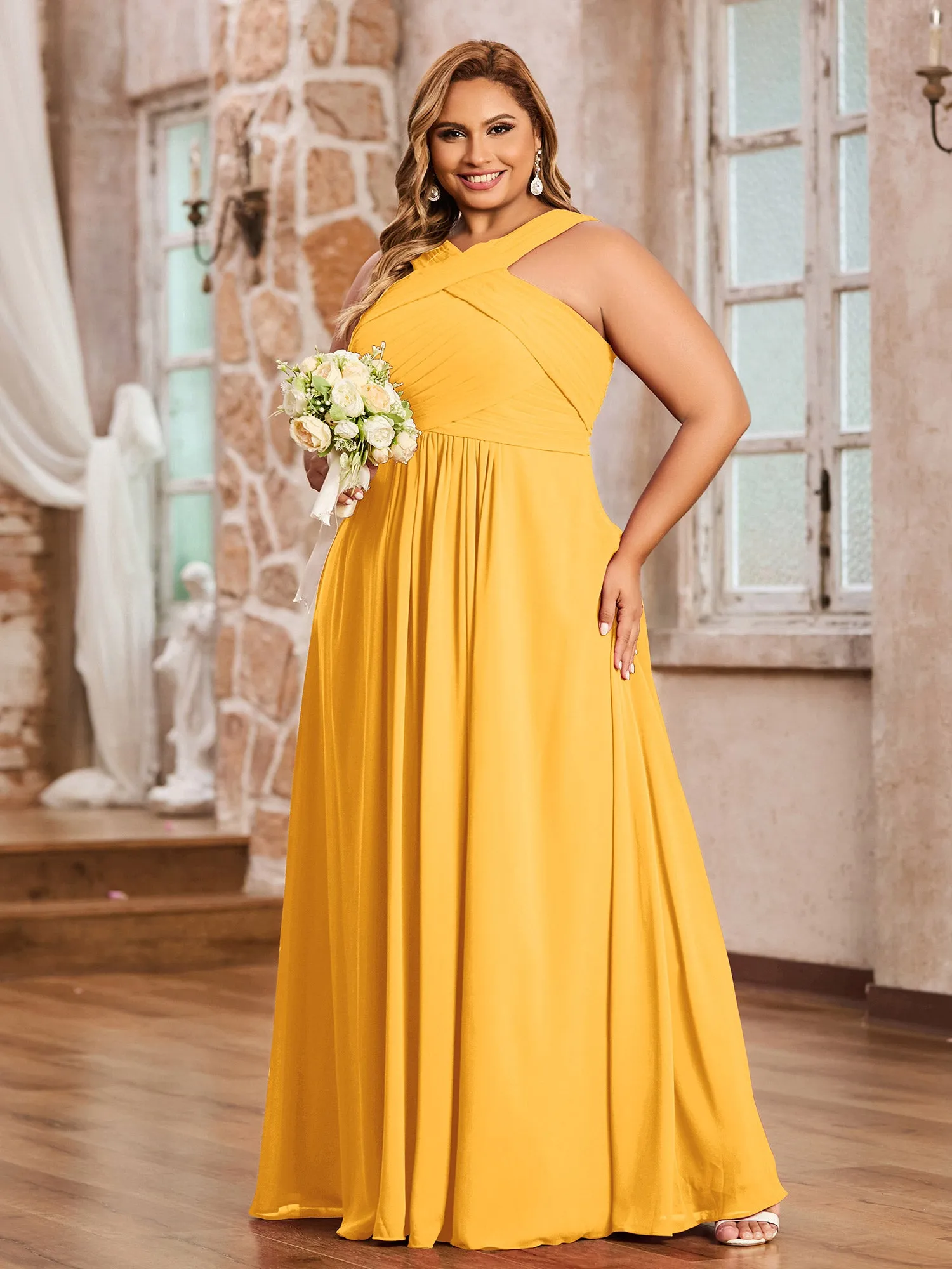 Cross Shoulder Strap Chiffon Dress with Empire Waist Tangerine Plus Size