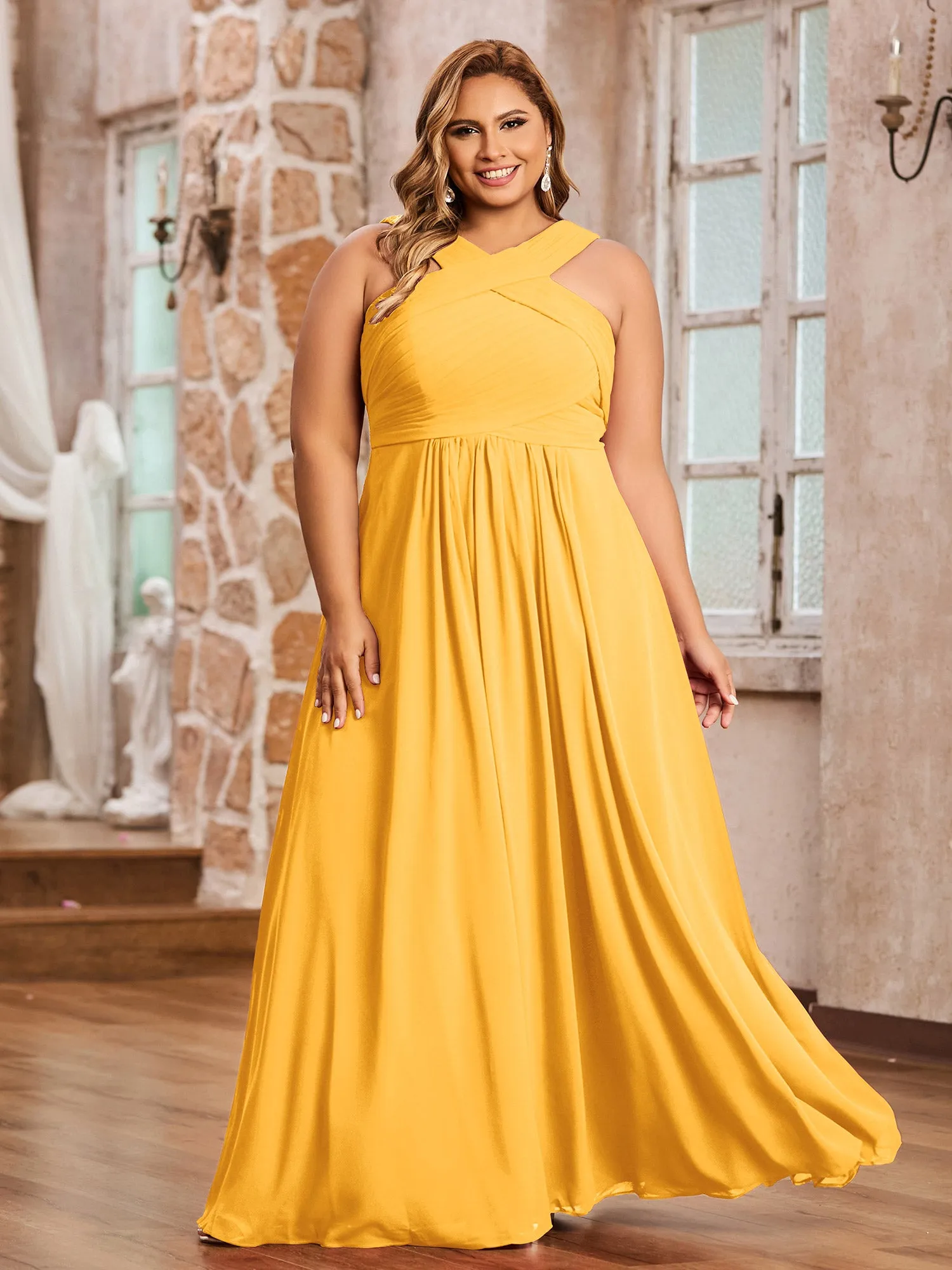 Cross Shoulder Strap Chiffon Dress with Empire Waist Tangerine Plus Size