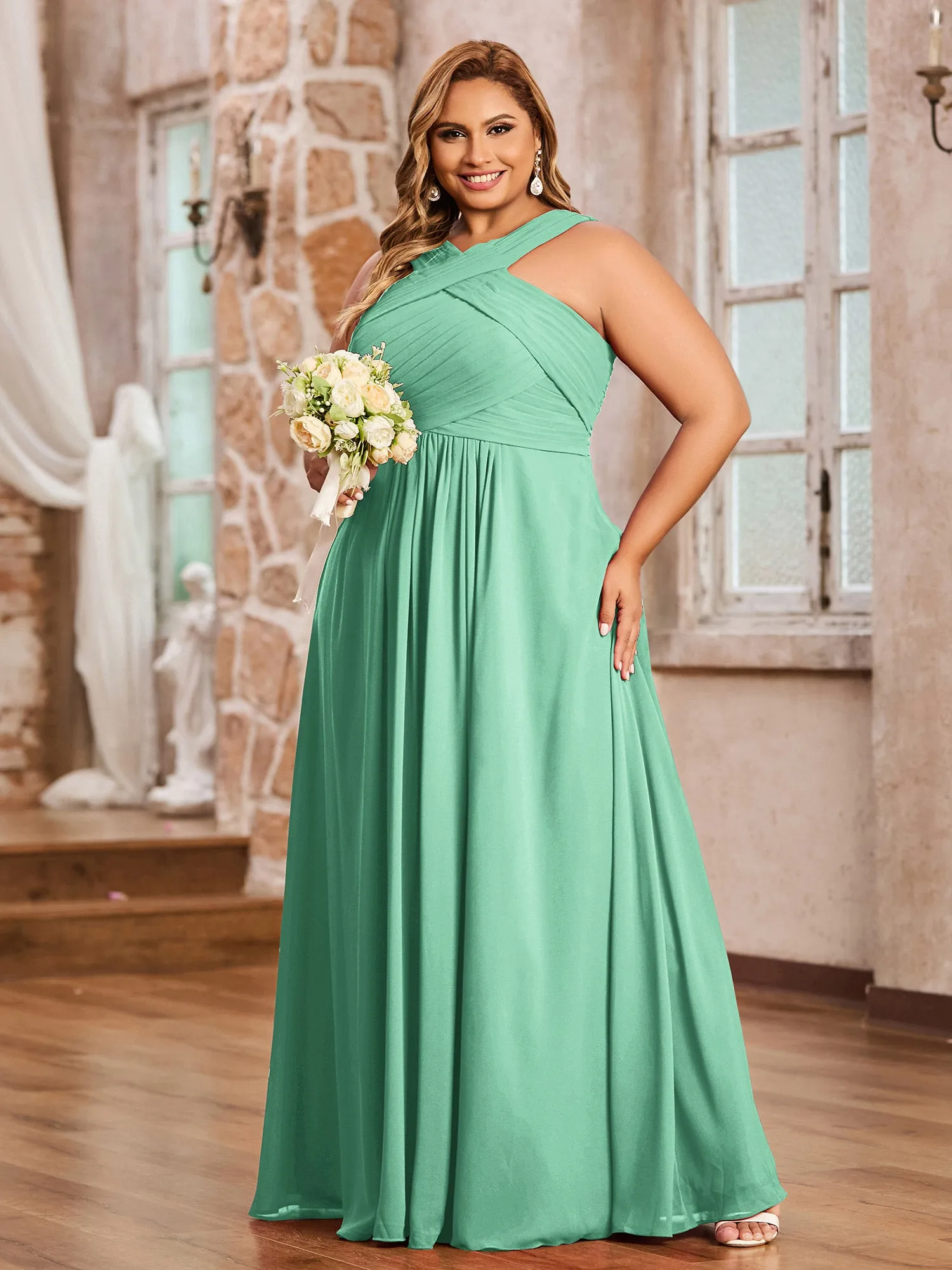 Cross Shoulder Strap Chiffon Dress with Empire Waist Turquoise Plus Size