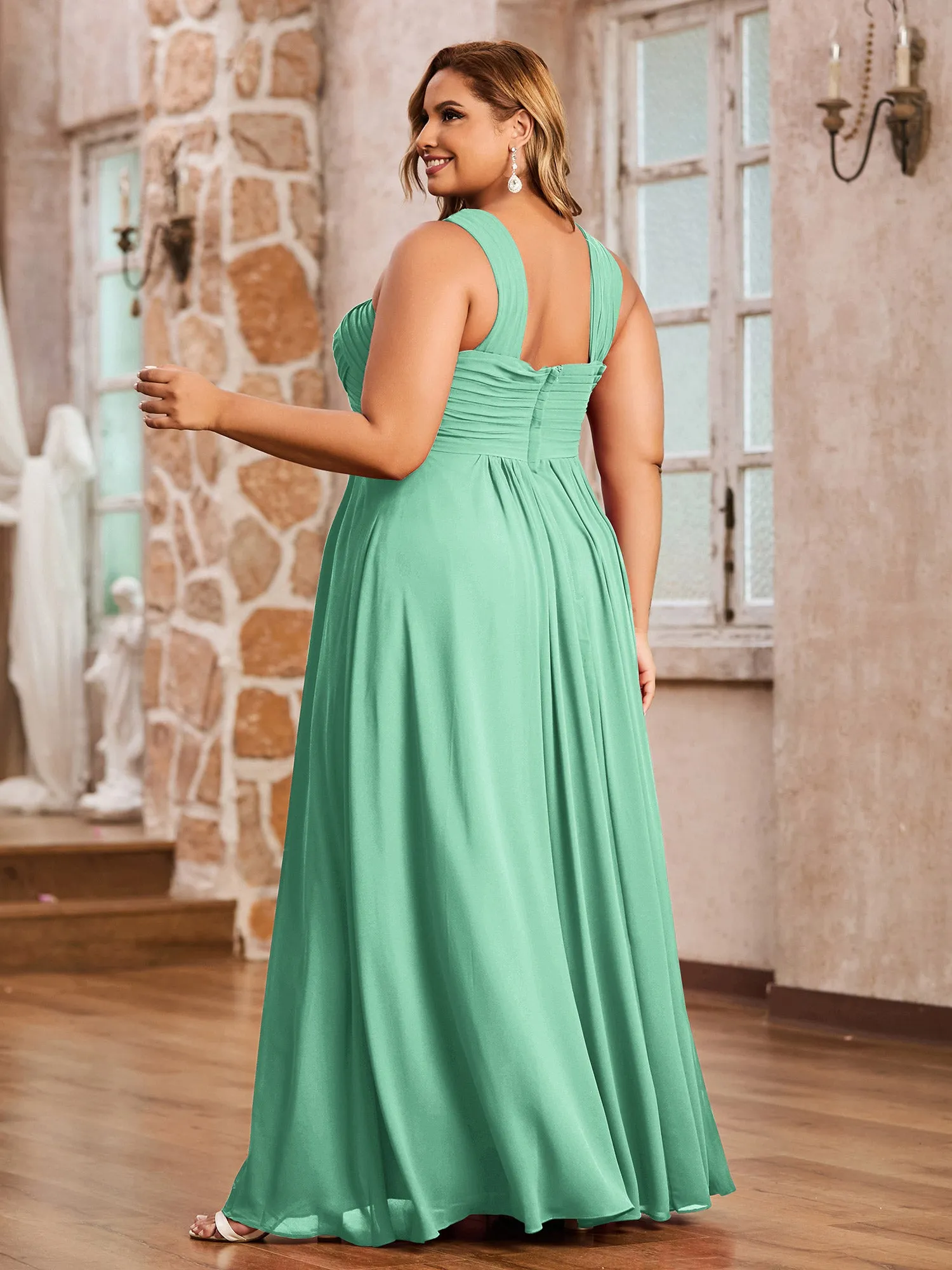 Cross Shoulder Strap Chiffon Dress with Empire Waist Turquoise Plus Size